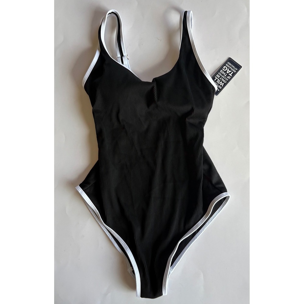B Swimwear Womens Ribbed One‎ Piece Swimsuit Black White Trim Size M New